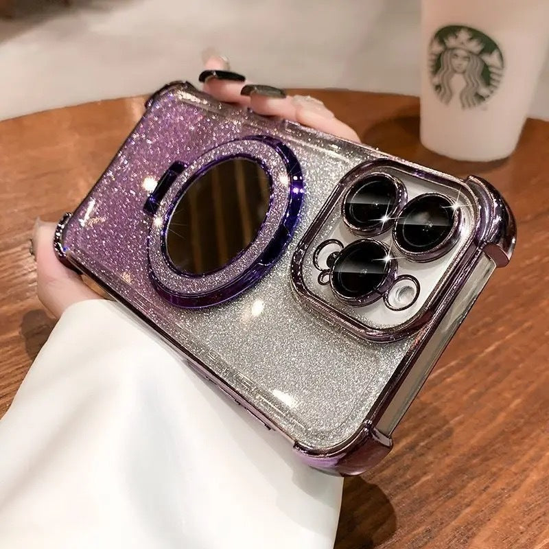 Glitter mirror magnetic stand iphone 17 case, compatible with apple 15, minimalist four-corner transparent electroplated soft case
