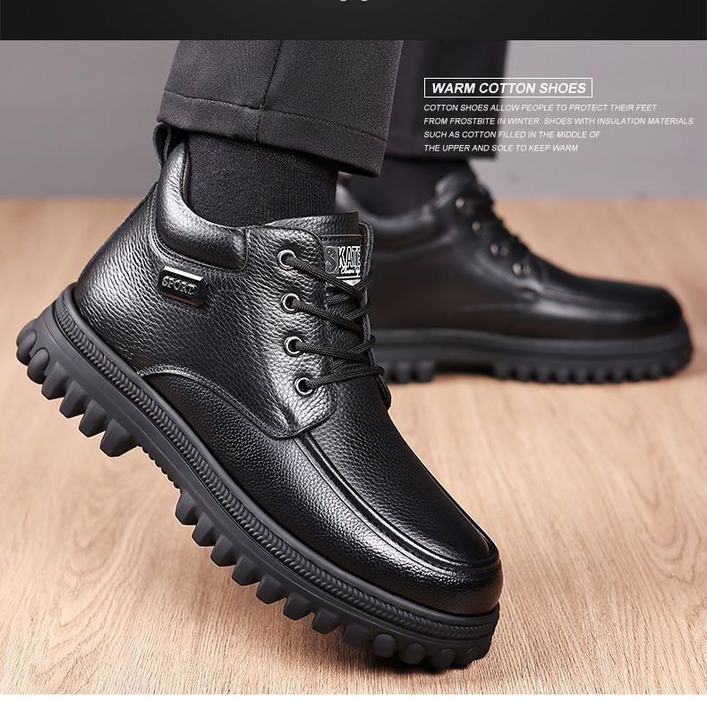 2025 men's high-top leather winter boots: fleece-lined, warm, genuine leather, dad shoes, thick-soled, anti-slip snow boots for men