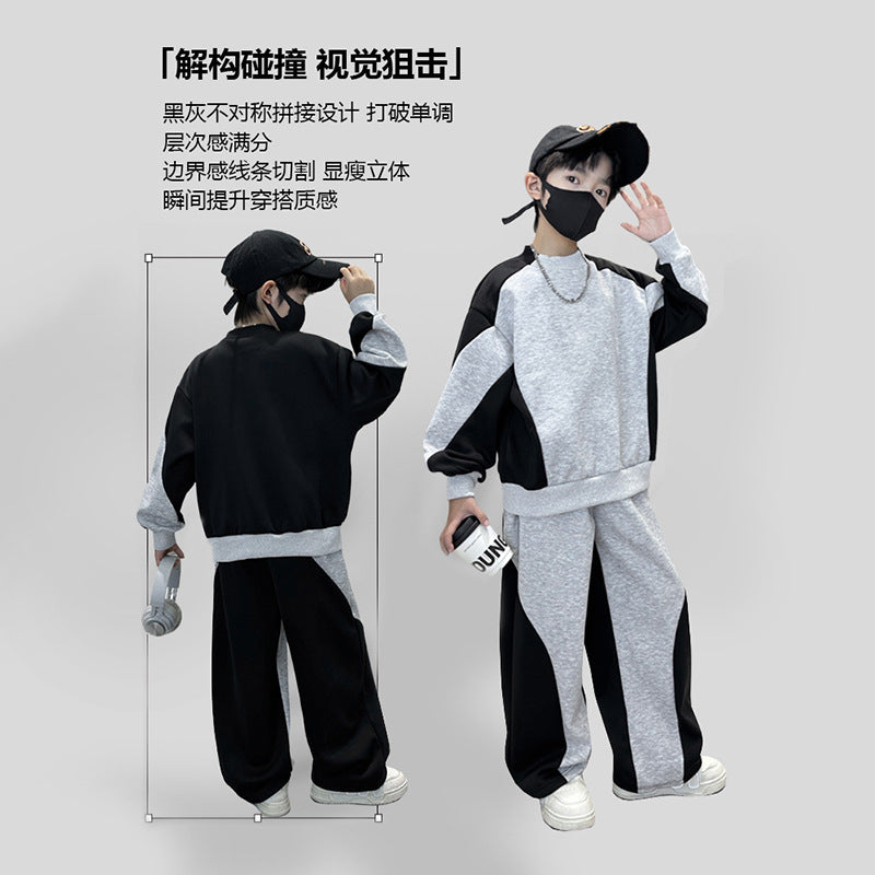 Boys' spring/autumn outfit set,  new collection, mid-to-large size, autumn boys' activewear, kids' color block sweatshirt, stylish
