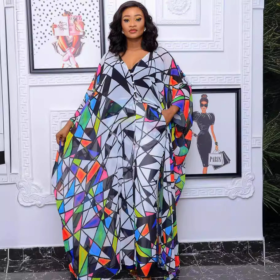 supply: chiffon digital print plus size women's african & european fashion set - robe with loose-fit pants