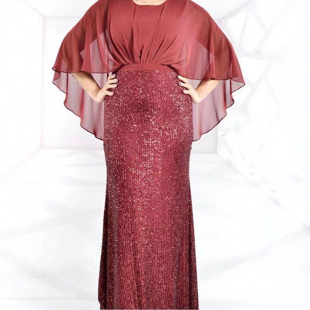 Kayat cross-border supply: african women's clothing - heavily beaded sequin patchwork chiffon batwing sleeve evening gown dress