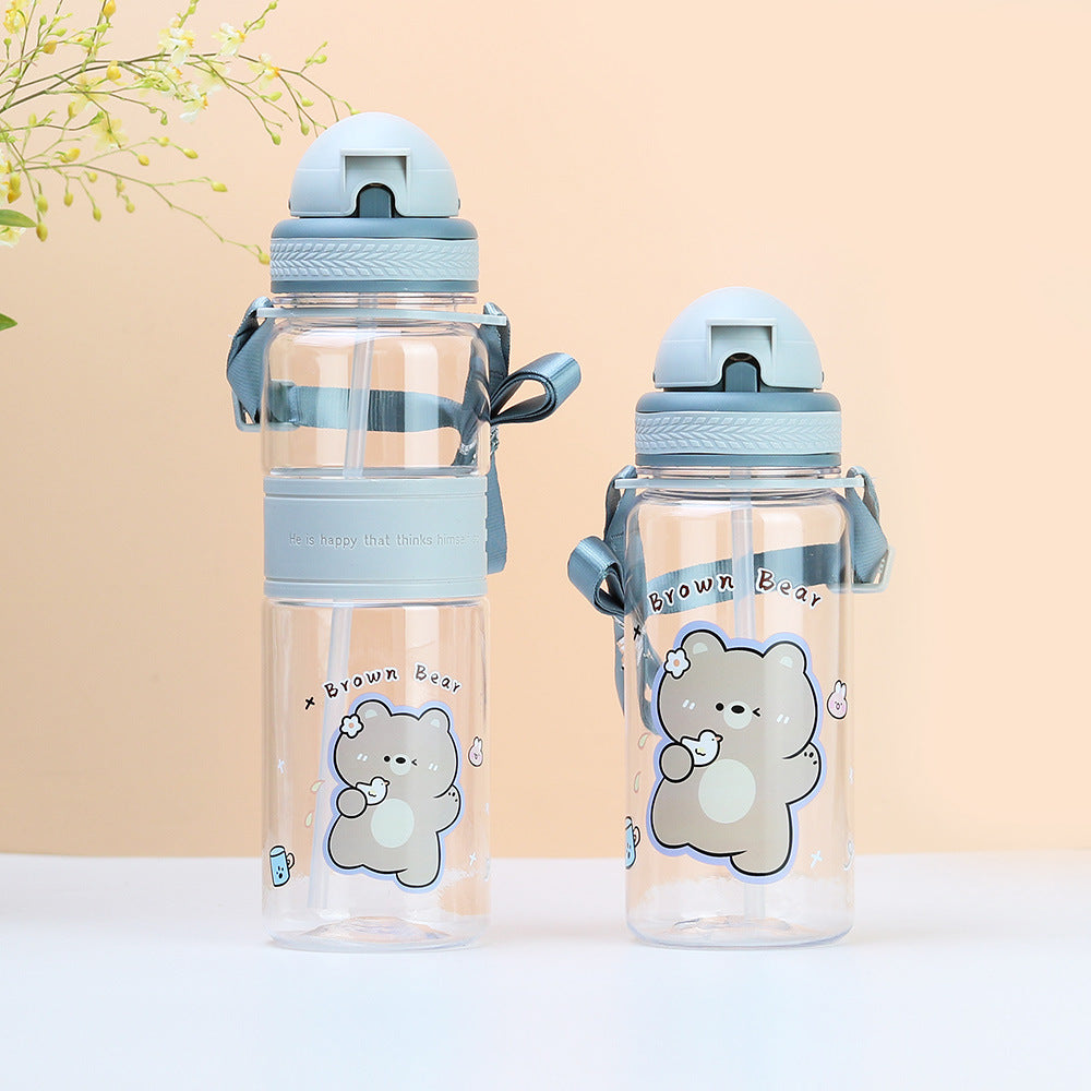 Factory custom cute cartoon kids straw cup cross-border plastic water bottle portable strap flip-top children's water bottle