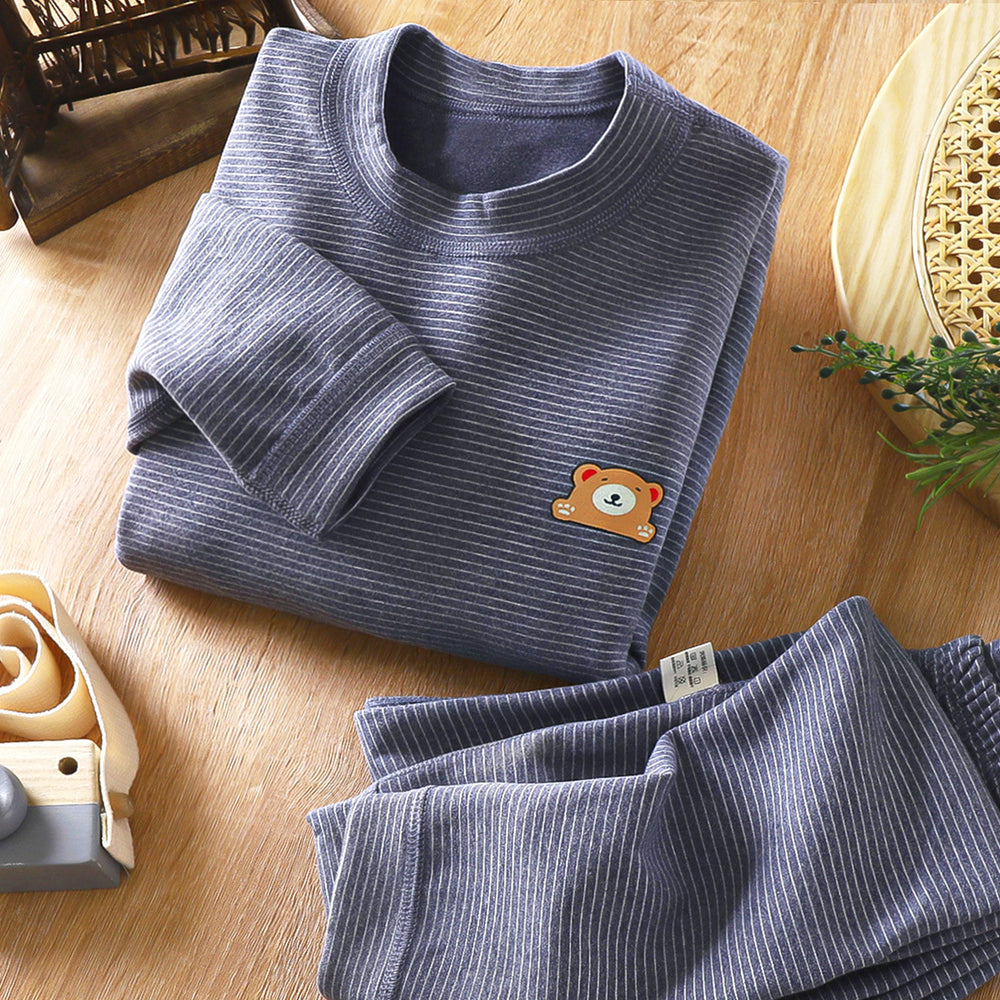 Kids' boneless fleece-lined turtleneck thermal underwear set - new autumn collection for boys and girls - striped, extra thick, warm innerwear set