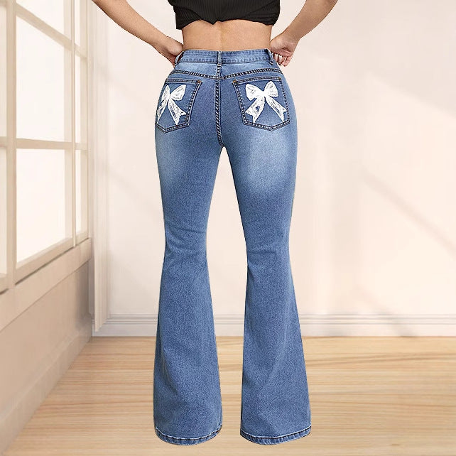 Pre-sale-65832#  cross-border fashion foreign trade women's clothing trendy personalized bow printed denim pants