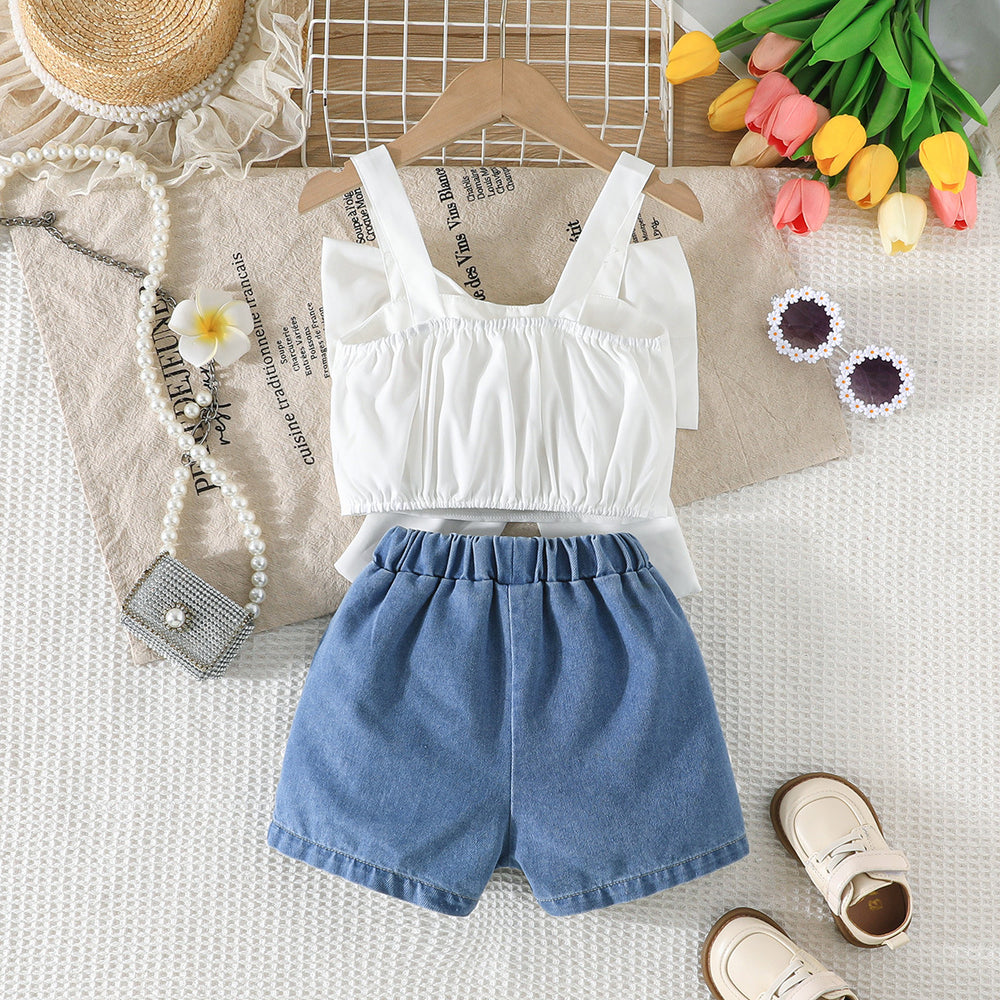 new european and american style girls' outfit: bowknot cami top + floral denim shorts set