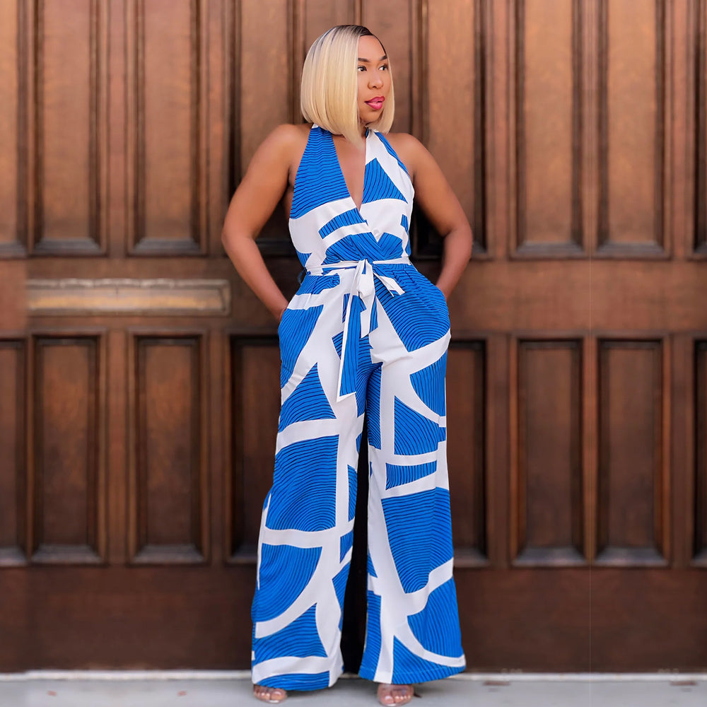 C6985 cross-border   independent station fashionfashion women's exquisite printing sleeveless v neck jumpsuit