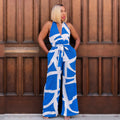 C6985 cross-border   independent station fashionfashion women's exquisite printing sleeveless v neck jumpsuit