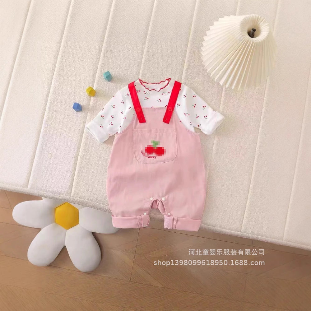 Autumn cherry two-piece overalls set - girls' outfit, new cartoon style, korean fashion, cute baby
