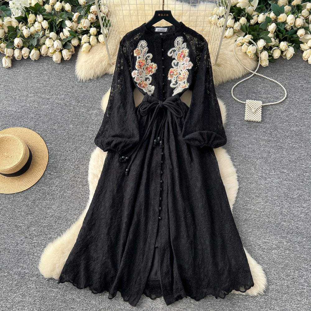 French retro heavy beaded sequin embroidered tie-waist lantern sleeve dress - women's autumn elegant maxi dress