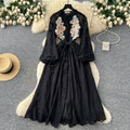 French retro heavy beaded sequin embroidered tie-waist lantern sleeve dress - women's autumn elegant maxi dress