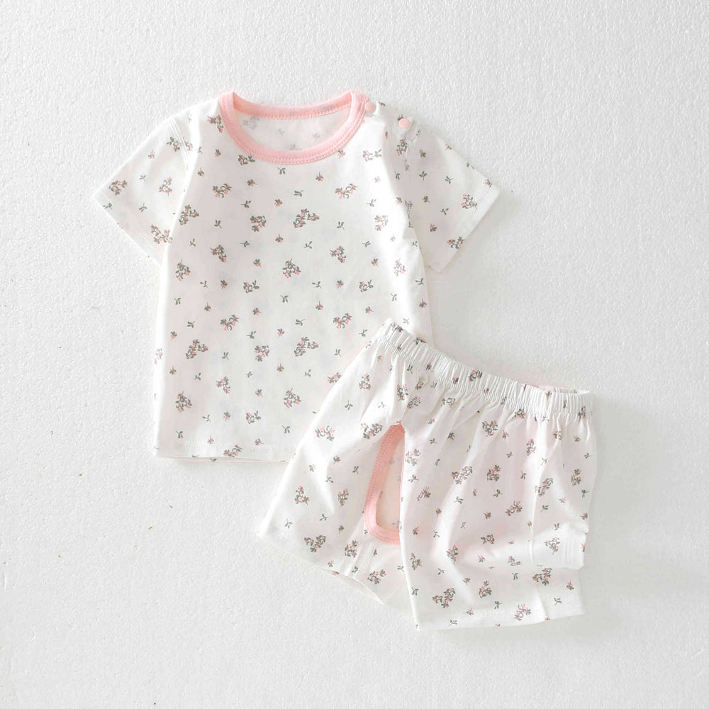 3-month-old and 2-year-old baby summer short-sleeved suit open pants pure cotton elastic waistband two-piece set breathable fork pants
