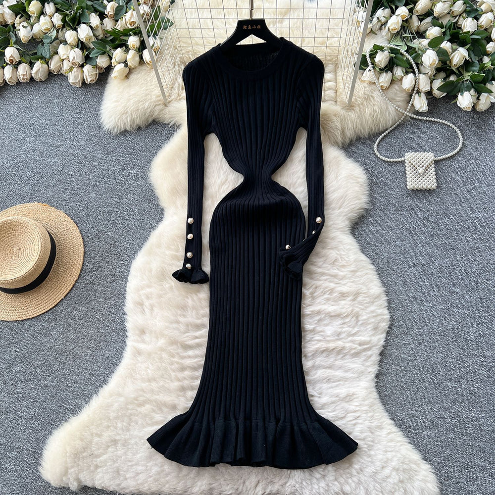 French chic high-end round neck metal buckle long sleeve dress - women's autumn slimming ruffle knit dress