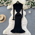 French chic high-end round neck metal buckle long sleeve dress - women's autumn slimming ruffle knit dress
