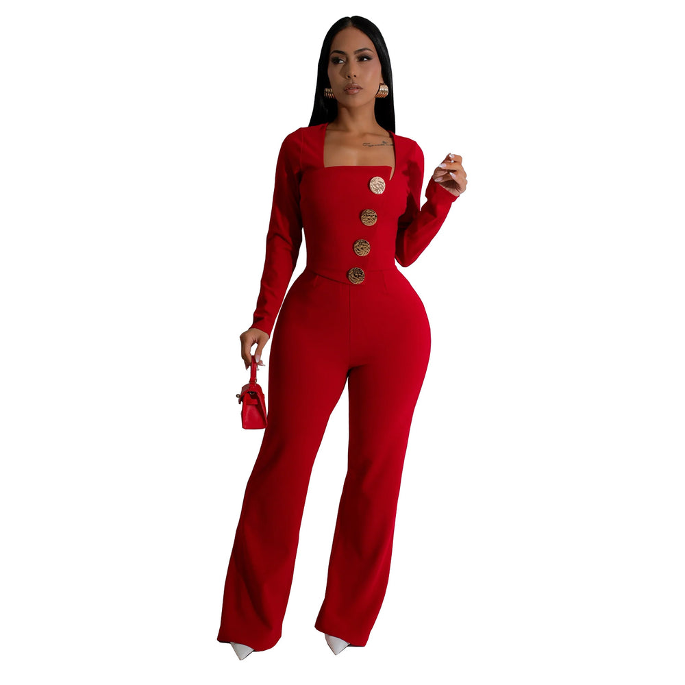 C7201 cross-border   fashion women's long-sleeve arm-hugging pants slim-fit solid color jumpsuit