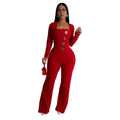 C7201 cross-border   fashion women's long-sleeve arm-hugging pants slim-fit solid color jumpsuit