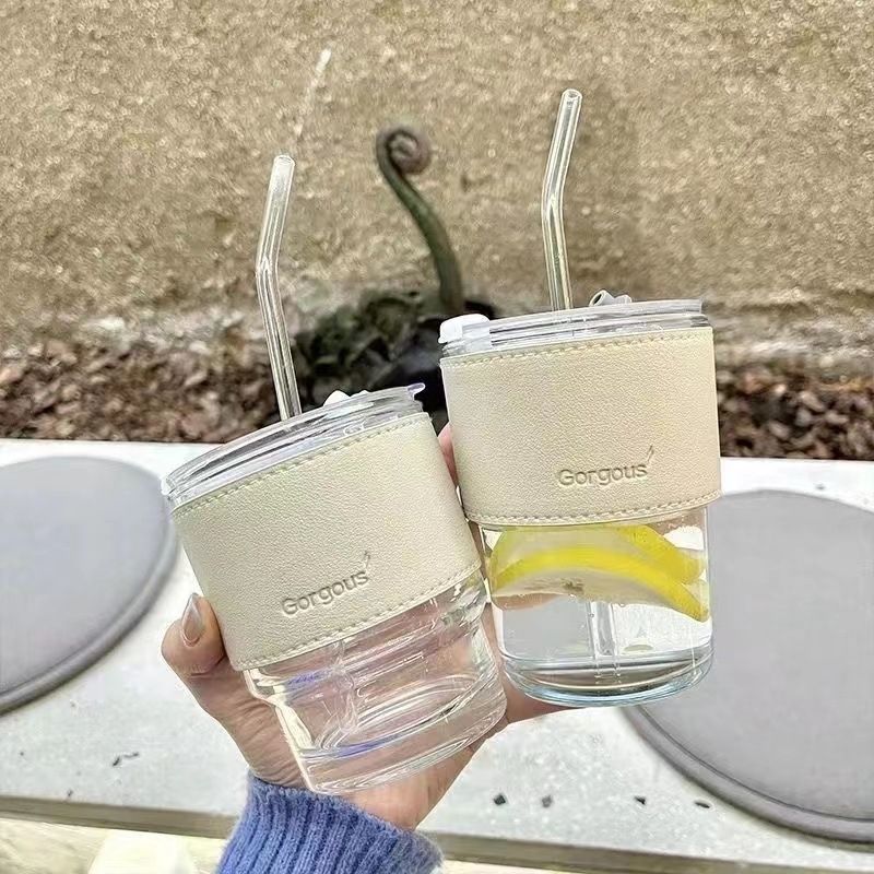 Ins style transparent aurora borealis straw glass bamboo cup good-looking coffee cup portable water cup cup ins style