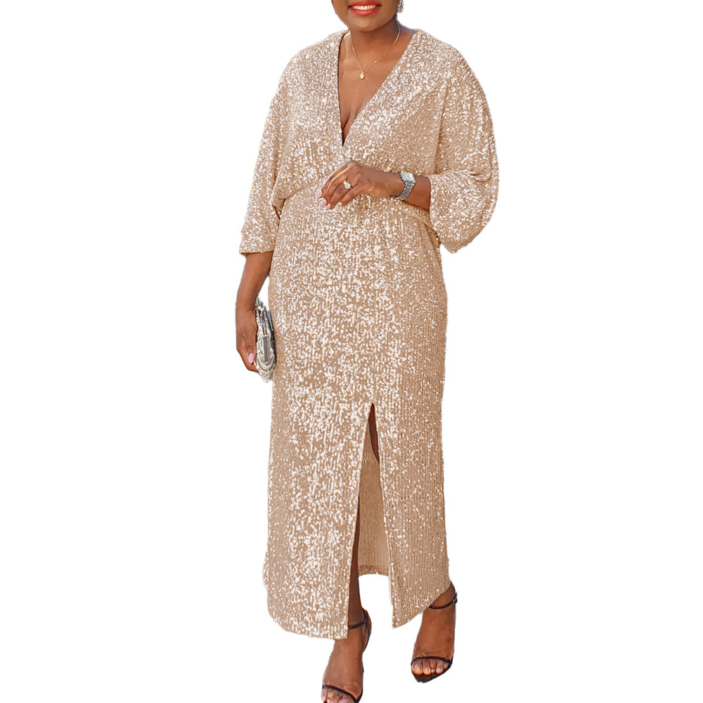 D3308 european and american plus size women's autumn new arrival loose v-neck fashion sequin slit maxi dress african plus size dress