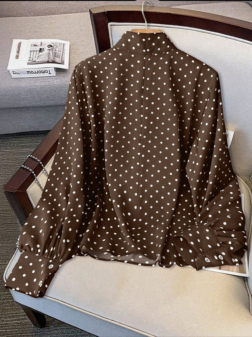 plus size retro polka dot ribbon tie blouse - bow collar, bubble sleeves, tummy control, versatile chiffon shirt