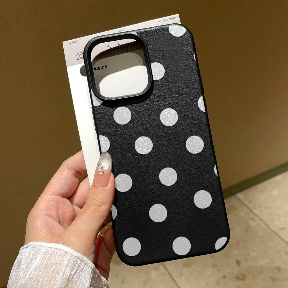 Suitable for iphone 17 pro max black background white polka dot phone case, apple 15 full coverage shockproof hard case, women's style wholesale