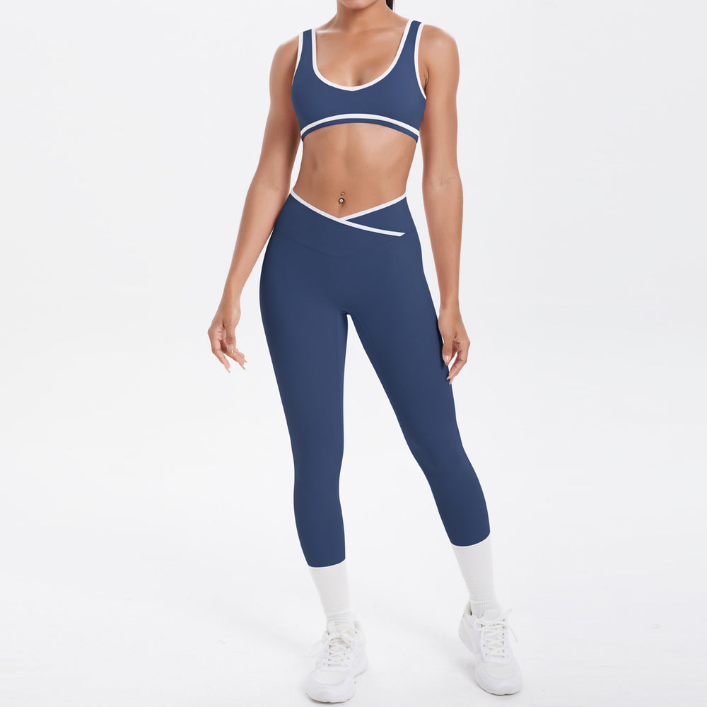 new arrival: double-sided brushed fleece color block compression yoga set - breathable, cross-back design, perfect for running and fitness (two-piece set)