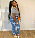 European and american cross-border women's clothing:  casual denim streetwear trendy hot girl floral print straight-leg jeans