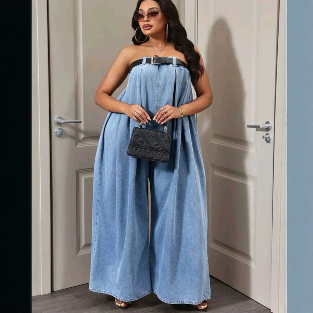 European and american style loose denim jumpsuit -  cross-border women's summer fashion sexy bandeau off-shoulder wide leg pants