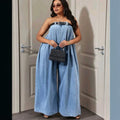 European and american style loose denim jumpsuit -  cross-border women's summer fashion sexy bandeau off-shoulder wide leg pants