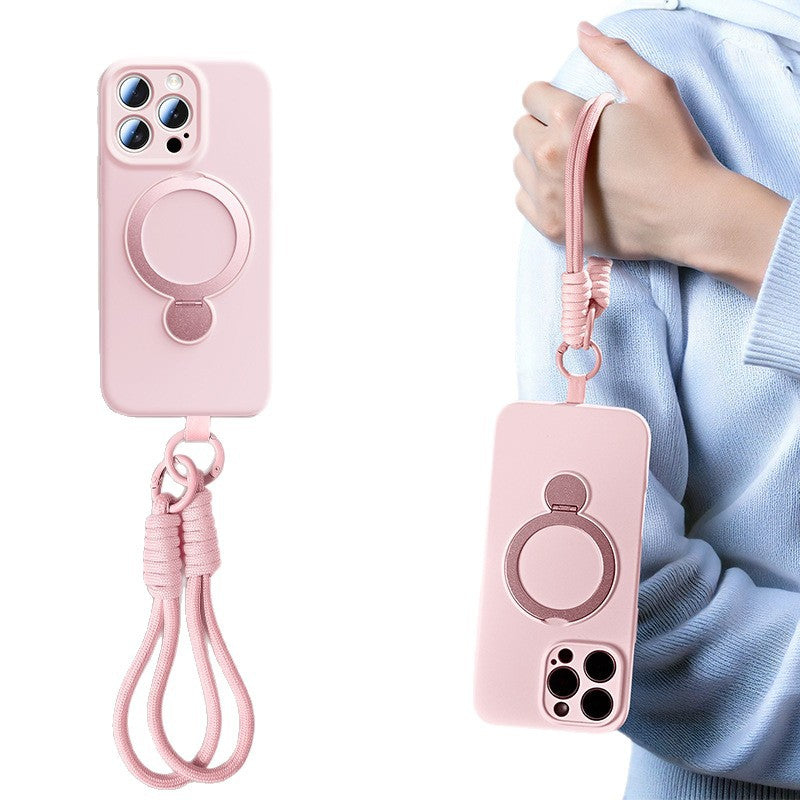 Rotating magnetic lanyard stand compatible with apple iphone 17 pure color liquid silicone case, iphone 15 pro max full coverage