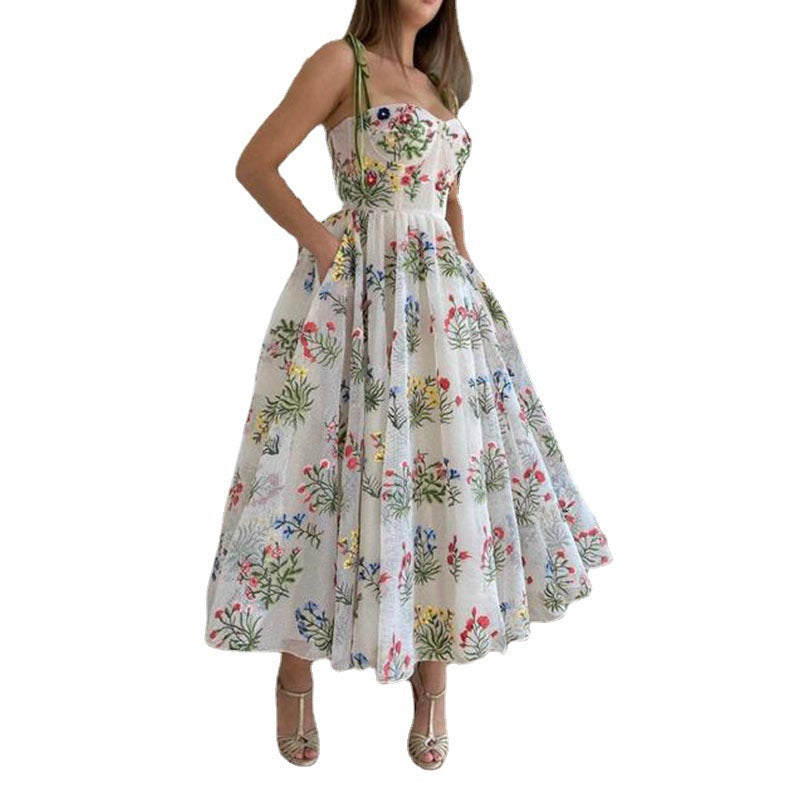 new european and american cross-border women's fashion: cinched waist, sexy criss-cross strappy backless slip dress with embroidered detailing - spring maxi dress