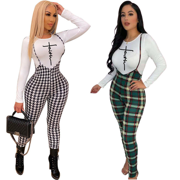 Y5210-1 European and American style street trend slim letter top casual pants printed contrasting overalls two pieces