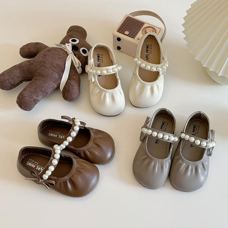 Korean version of girls' small leather shoes, spring and autumn 2025 new soft-soled children's pearl princess shoes, retro Mary Jane single shoes
