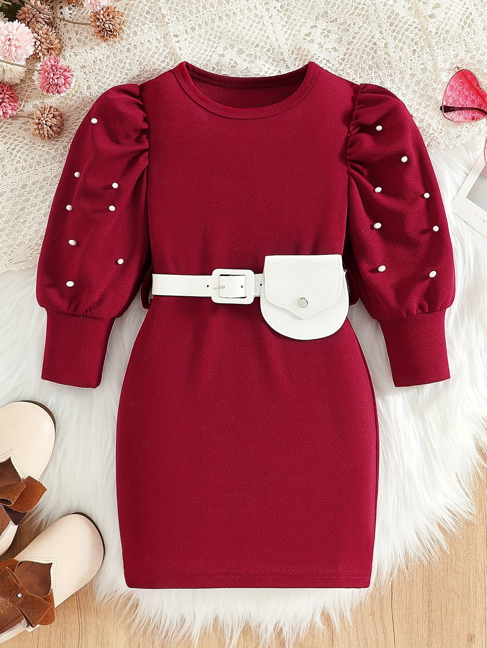 retrogirldress red round neck lantern sleeves belt waist bag pearl decoration fall and winterkids skirt