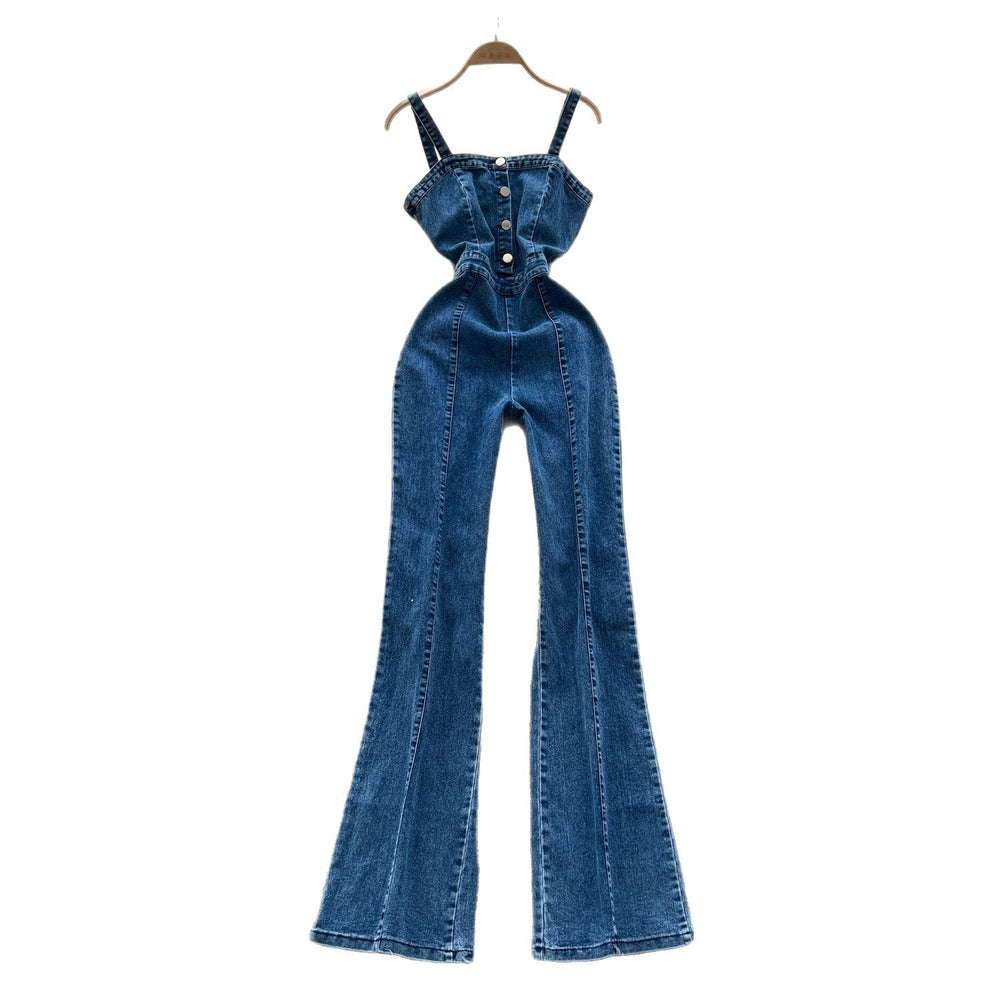 Korean style sleeveless overalls for women,  spring new arrival, hong kong retro style, high-waisted slimming denim pants with metal buckle detail