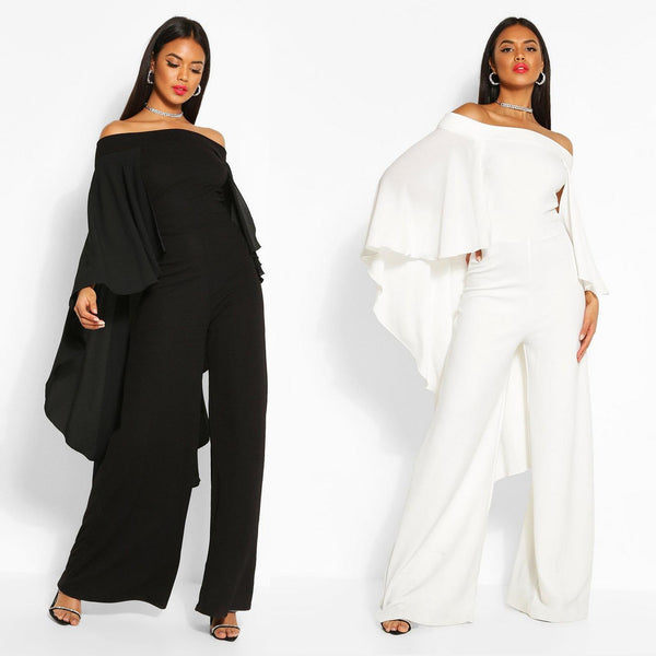 K2841 Spot, sales, Europe, America, sexy, solid color one-word shoulder chiffon shawl jumpsuit