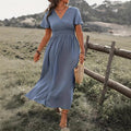 2024 european and american cross-border amazon summer new arrival: solid color v-neck flared sleeve elastic waist slimming slit maxi dress