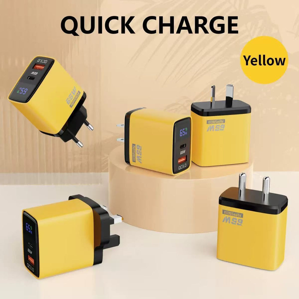 65w digital display charger, a+c multi-port fast charging adapter, eu/us/india plug, gallium nitride (gan) charger