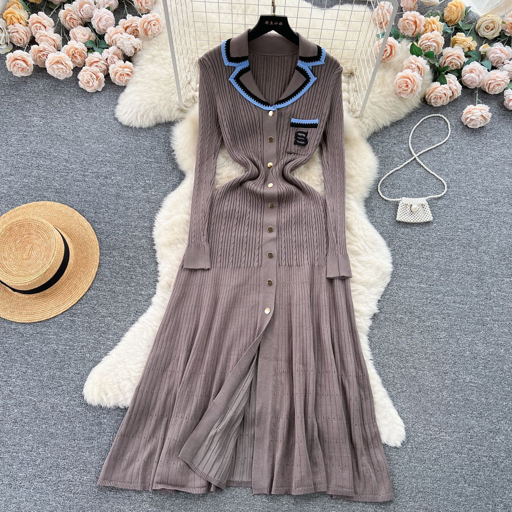 Fall and winter tweed style socialite short-sleeved contrast colorembroider suit collar waist slimming look single-breasted a-line knittingdress