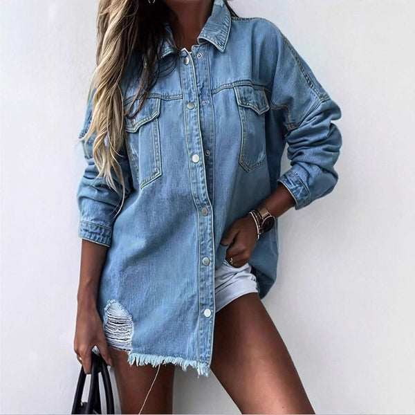 Europe and the United States  special 2025 new women's loose long-sleeved jacket casual wind hole beard edge denim jacket