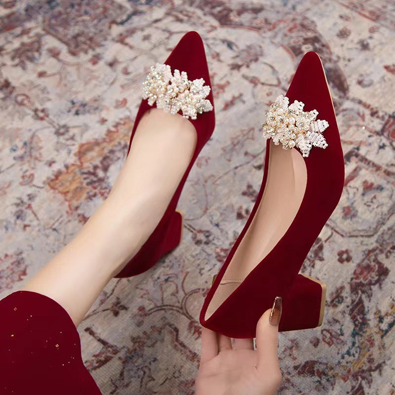 Red xiuhe wedding shoes, beaded flower bridal shoes, non-tiring feet, classy chinese style, pregnant women, engagement and toast, high thick heels