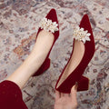 Red xiuhe wedding shoes, beaded flower bridal shoes, non-tiring feet, classy chinese style, pregnant women, engagement and toast, high thick heels