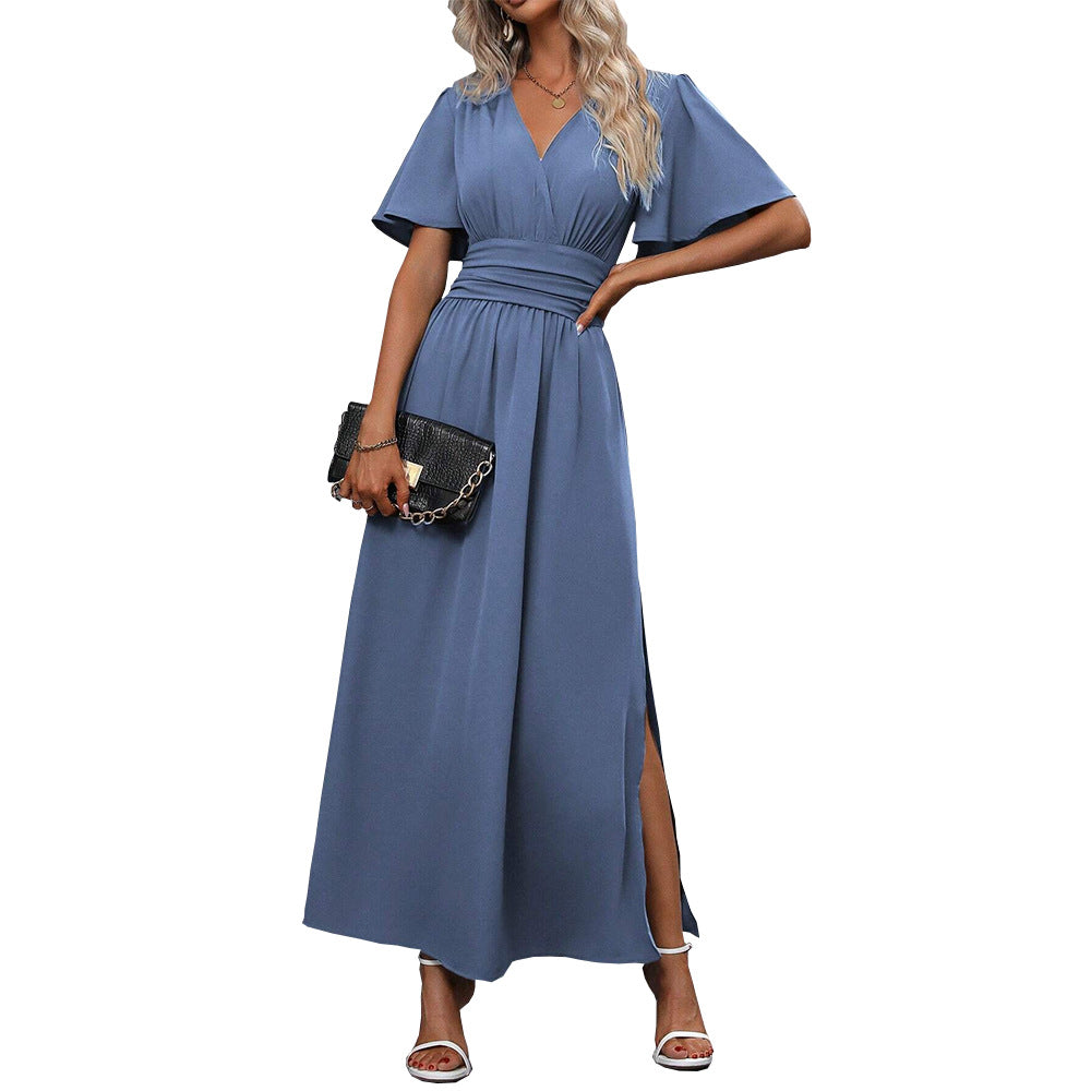 elegant deep v-neck maxi dress with side slits and ruched waist – spring  new arrival