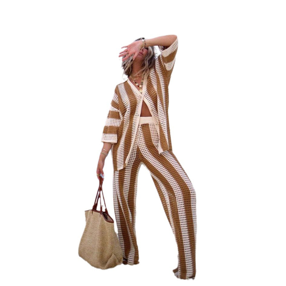 "vip exclusive" cross-border e-commerce source factory: european and american style women's knitted striped sexy pant suit