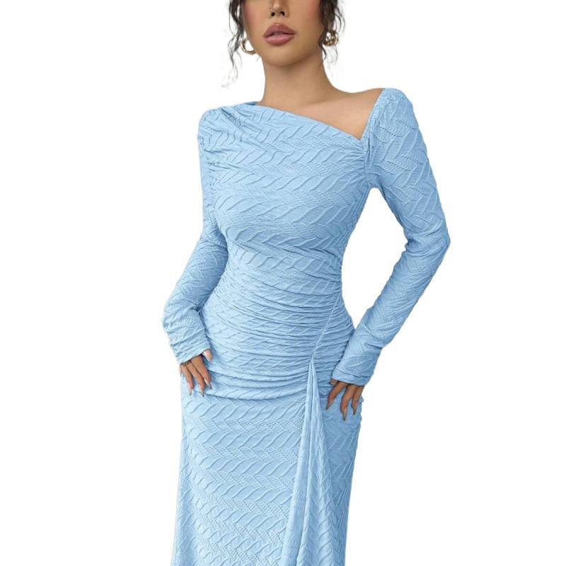 fashion  autumn new arrival elegance asymmetric slant neck waist ruffles long sleevesdress