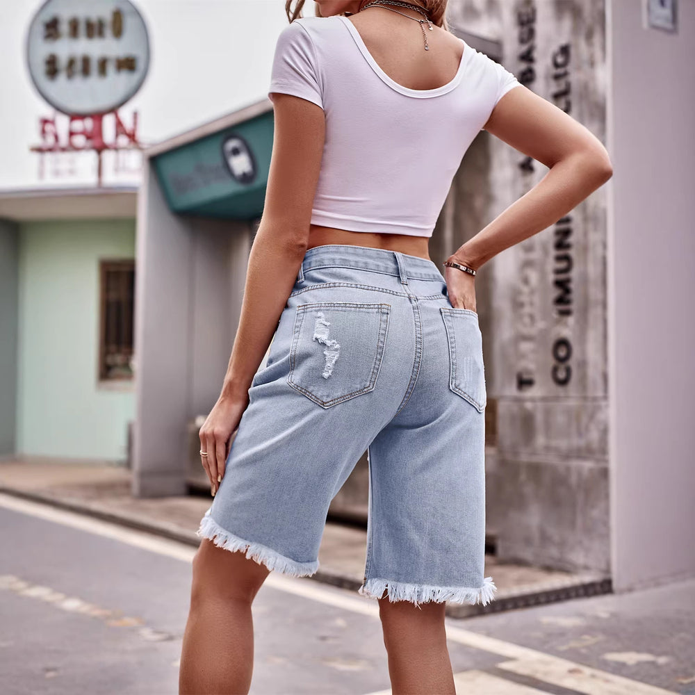 foreign trade european and american women's clothing  new arrival ripped slimming look denim washed raw edge 5-point pants casualshorts