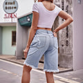 foreign trade european and american women's clothing  new arrival ripped slimming look denim washed raw edge 5-point pants casualshorts
