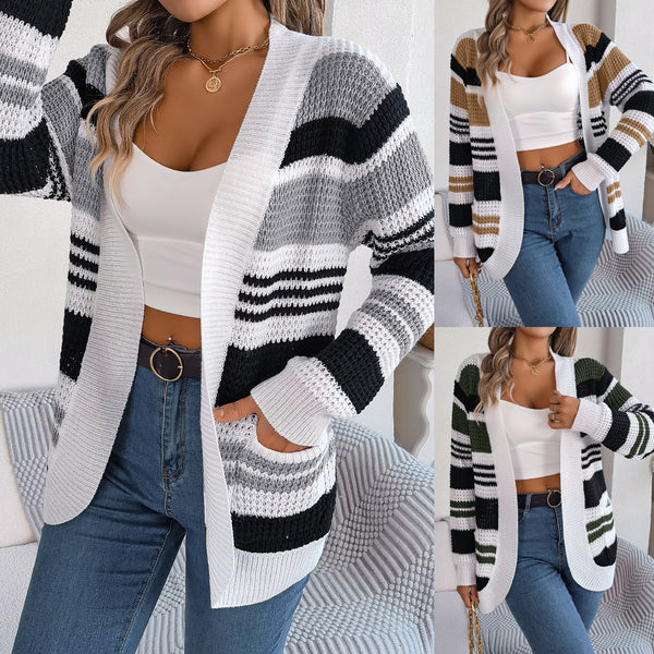 Real shot 2025 autumn and winter casual contrasting colors striped pockets long-sleeved sweater cardigan jacket, independent station  women's clothing