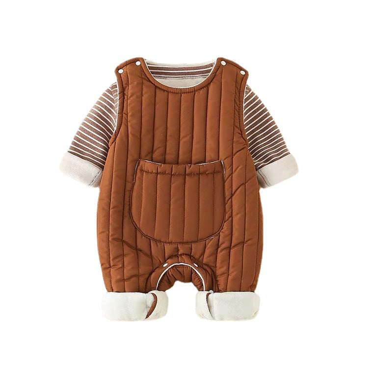 Autumn winterk-style men's and women's baby fleece-lined outing long sleevestwo-piece set khaki newborn home heattech crawling suit