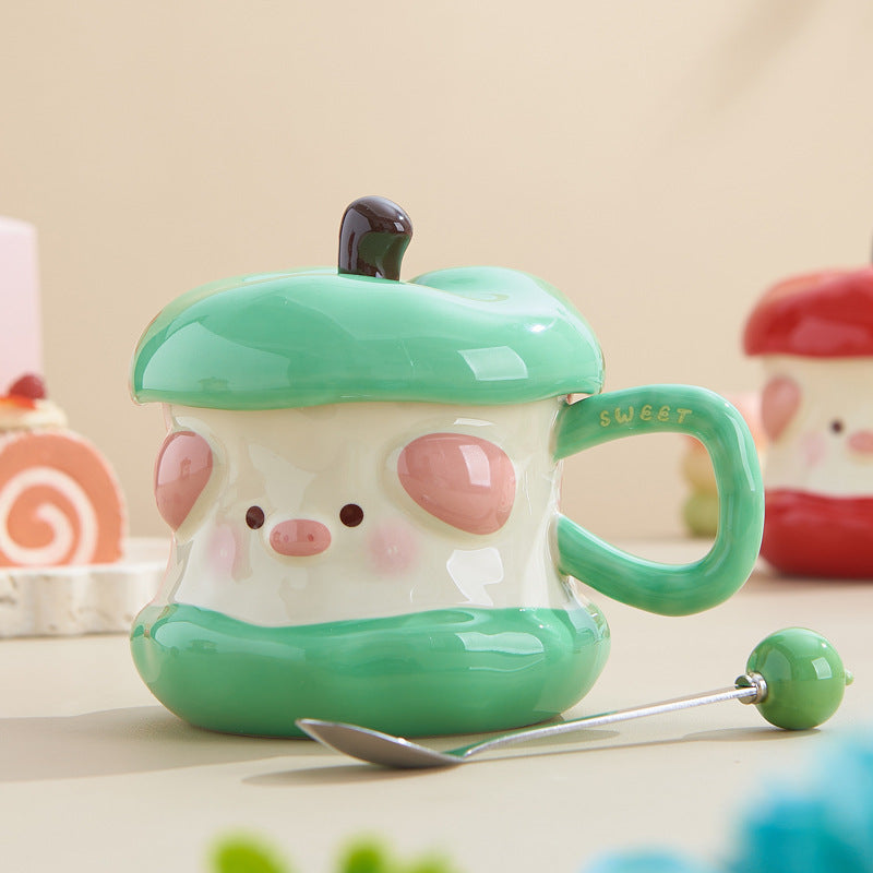 Piggy apple mug ceramic cup underglaze ribbon lid home design cup office coffee cup wholesale