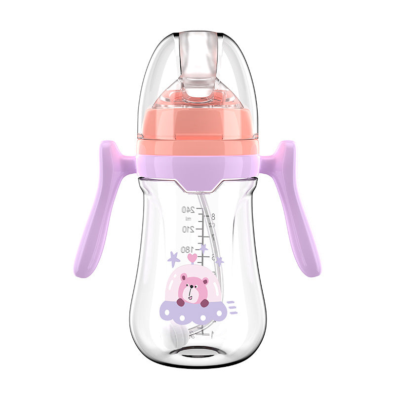 English boxed baby bottle anti-choking and anti-flatulence wide diameter bottle with handle and straw PP bottle wholesale