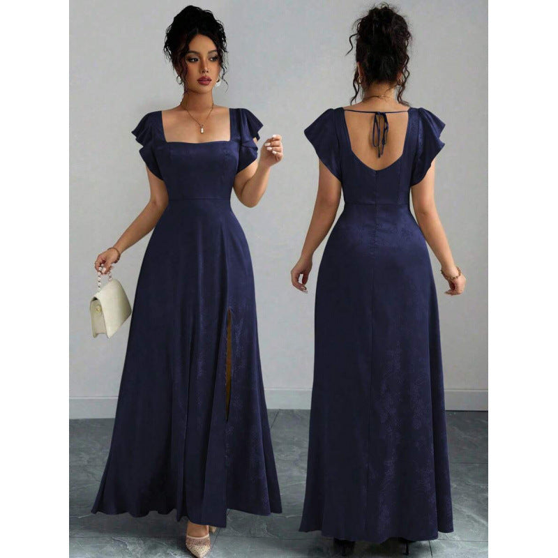 fashionsummernew arrival square collar ruffle sleeves waist slimming lookelegance jacquard slit dress for women